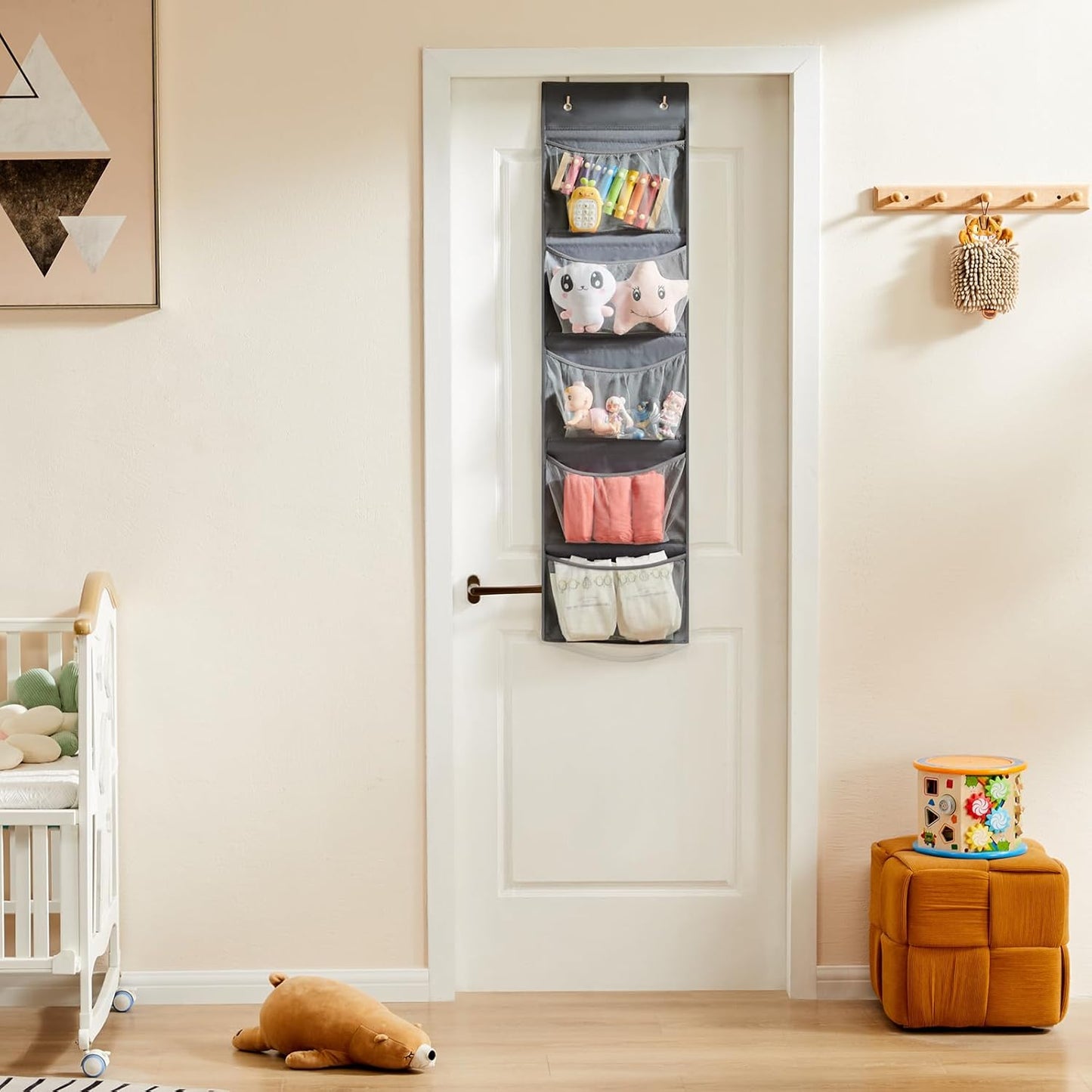 over the Door Organizer, 5-Shelf Door Hanging Organizer with Metal Hooks, Grey