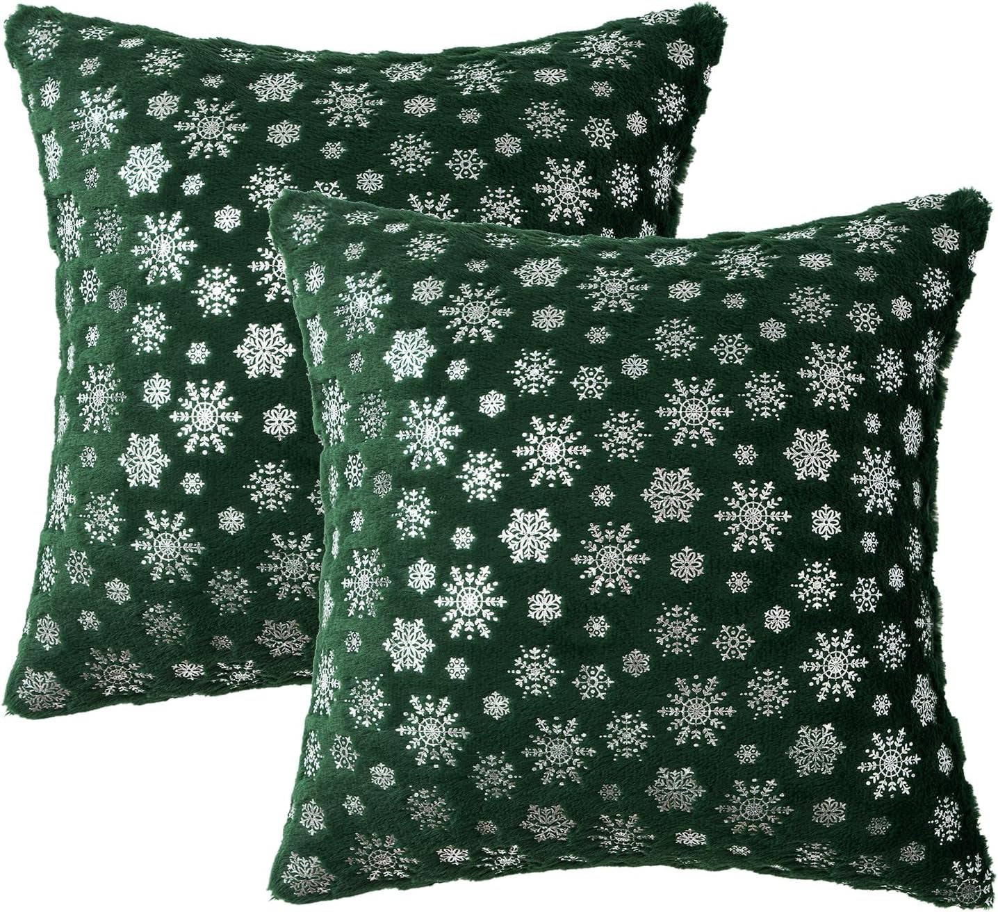 Christmas Dark Green Throw Pillow Covers Set of 2 Snowflakes Decorative Winter Couch Pillowcases 18×18 Inch Soft Plush Faux Fur Farmhouse Home Holiday Festival Decors for Sofa Living Room Bed