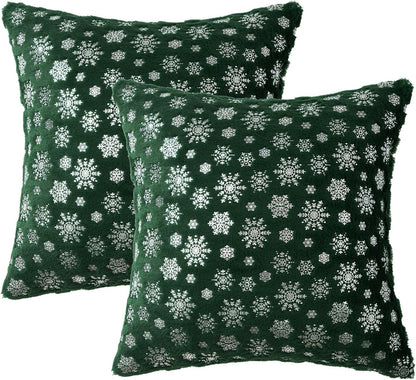 Christmas Dark Green Throw Pillow Covers Set of 2 Snowflakes Decorative Winter Couch Pillowcases 18×18 Inch Soft Plush Faux Fur Farmhouse Home Holiday Festival Decors for Sofa Living Room Bed