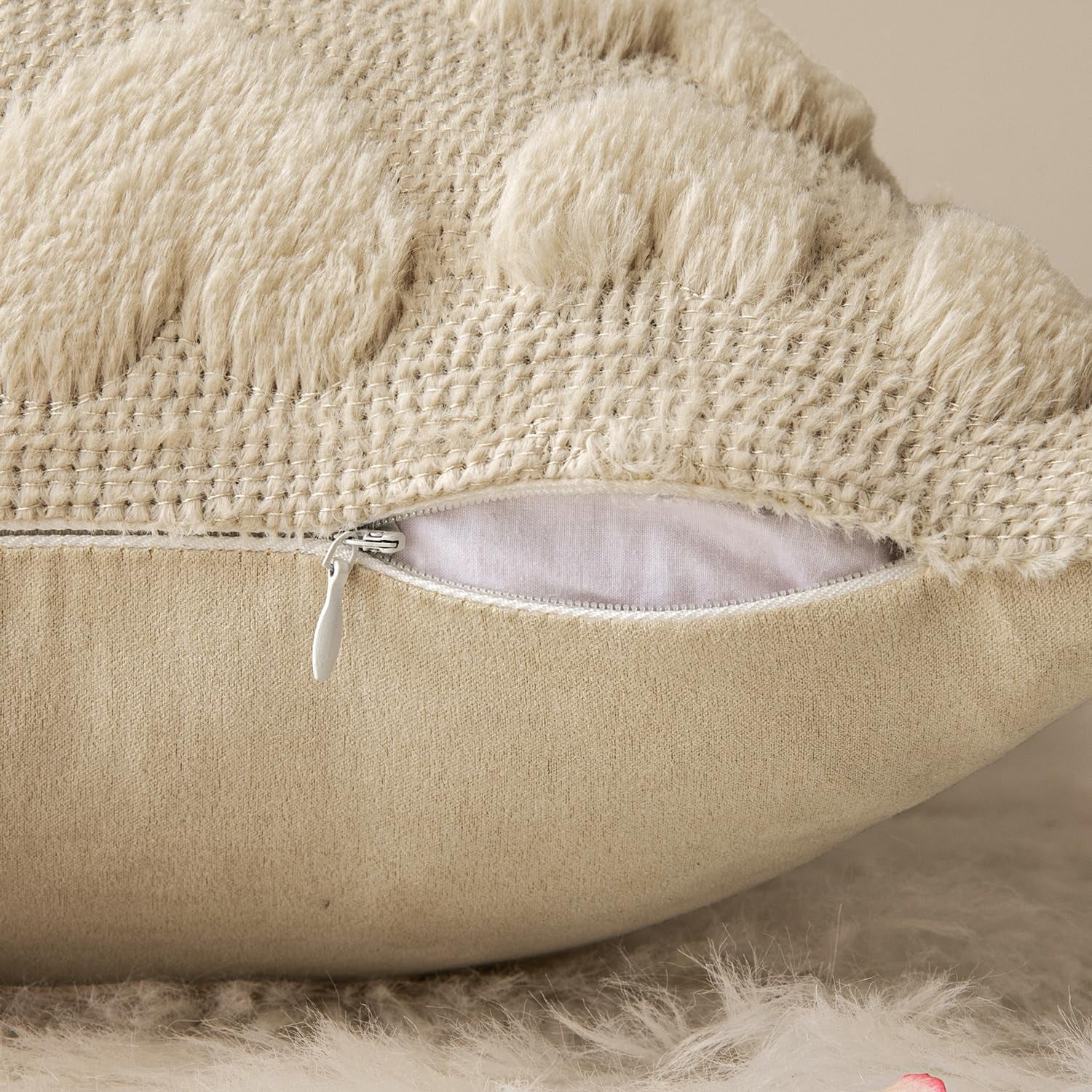 Set of 2 Beige Mothers Day Valentines Pillow Covers Heart Love Decorative Cute Throw Pillows 18X18 Inch Soft Plush Faux Wool Farmhouse for Spring Sofa Livingroom Bed