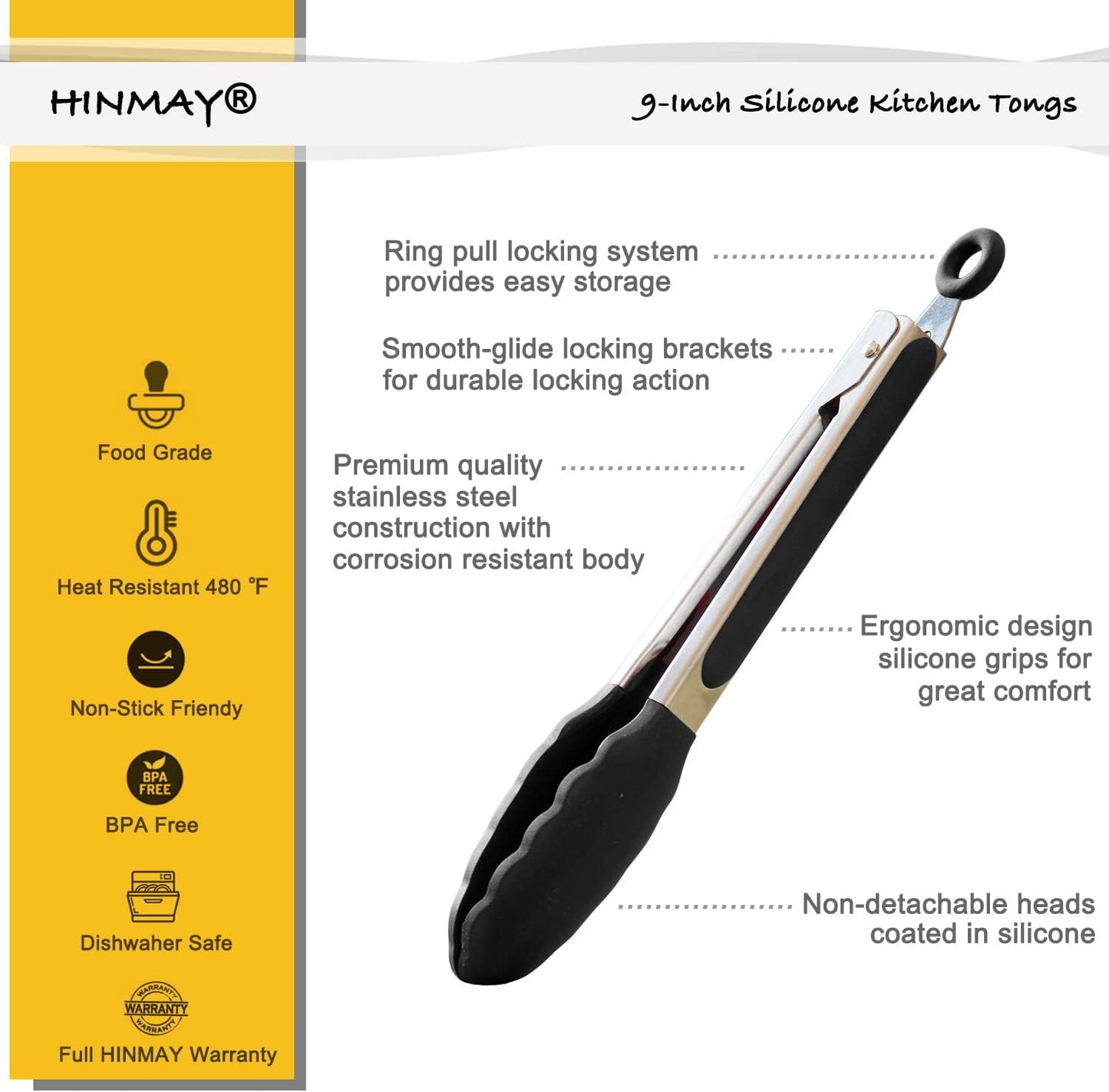 Serving Tongs 9-Inch Cooking Tongs with Silicone Tips, Set of 3 (Black)