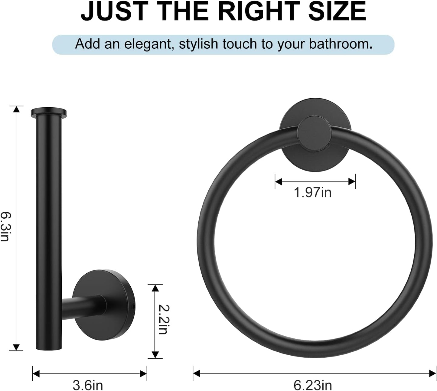 Towel Holder for Bathroom Wall Matte Black Stainless Steel Bathroom Accessories Set Includes Towel Ring and Toilet Paper Holder, Drill Hole