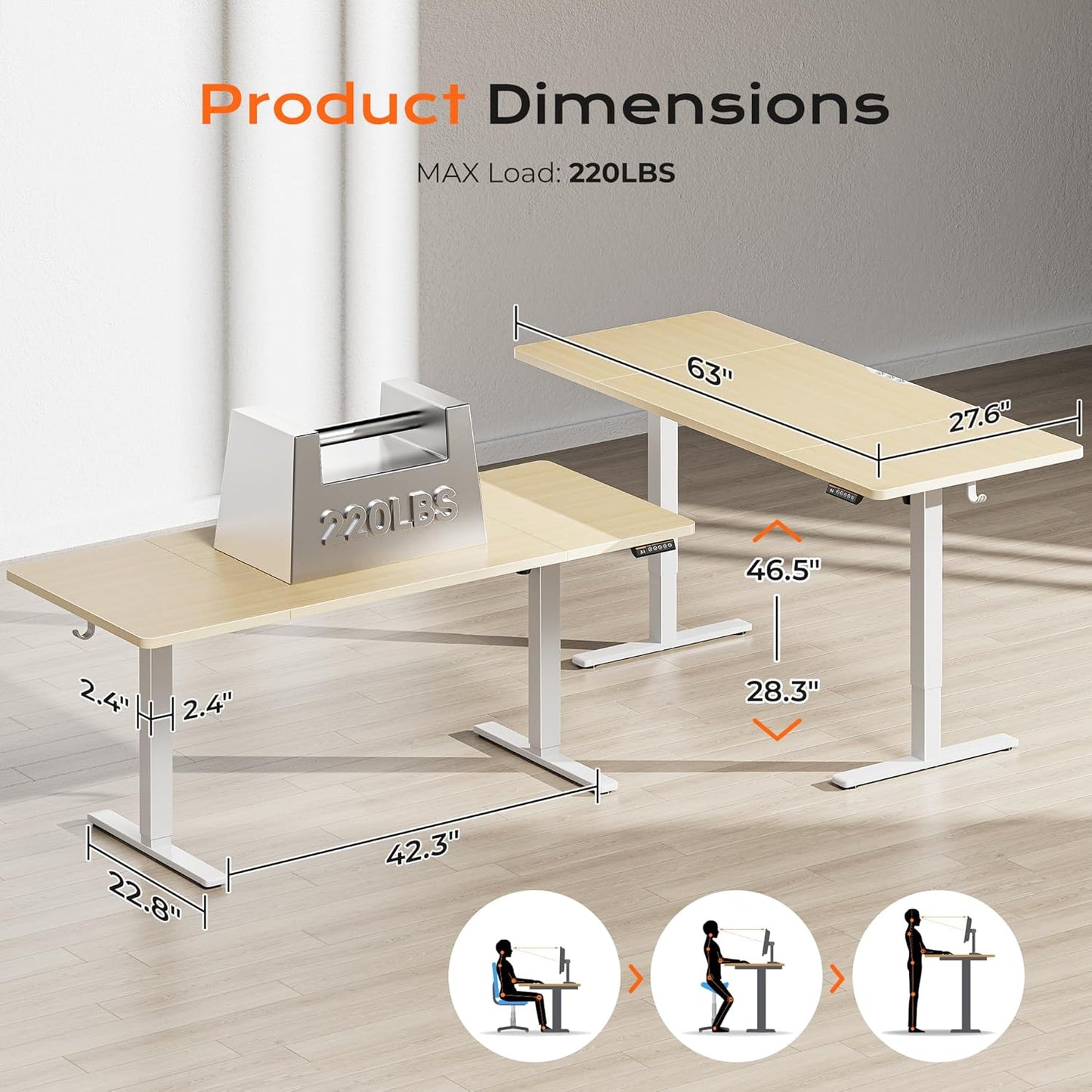 63" x 28" Electric Height Adjustable Standing Desk, 27.6" Deep Desktop, Gaming Office Table with Dual Hooks and Three Preset Heights, Oak Finish for Home Office