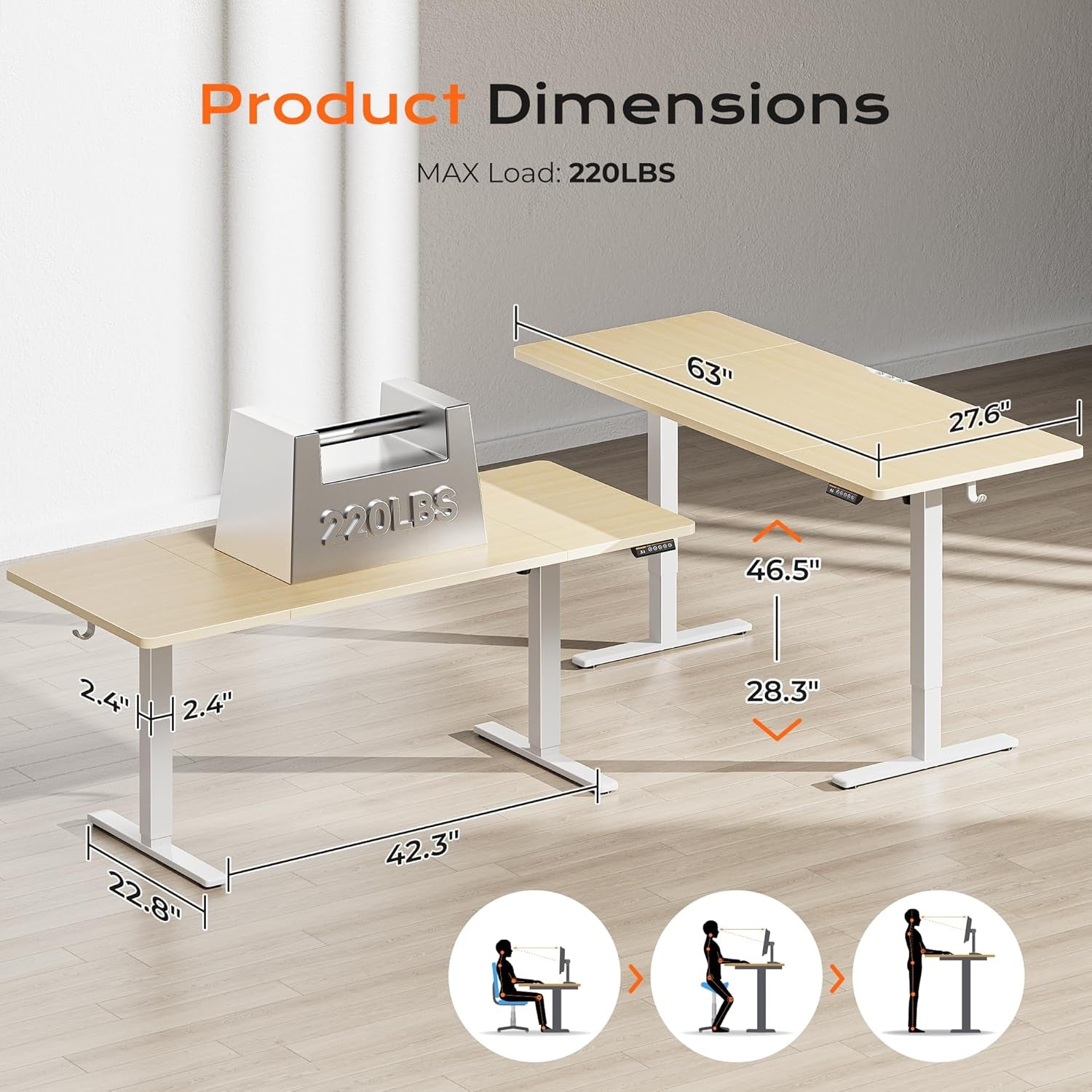 63" x 28" Electric Height Adjustable Standing Desk, 27.6" Deep Desktop, Gaming Office Table with Dual Hooks and Three Preset Heights, Oak Finish for Home Office