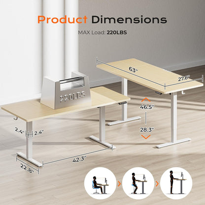 63" x 28" Electric Height Adjustable Standing Desk, 27.6" Deep Desktop, Gaming Office Table with Dual Hooks and Three Preset Heights, Oak Finish for Home Office