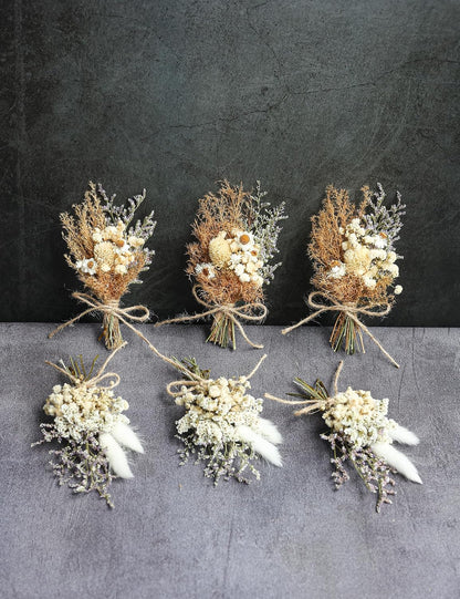 Miniature Dried Flower Bouquet Set (12 Pcs), Small Bouquets, Gift Bags of Dried Flowers, Bridesmaids Flower Girl Proposal Gift Boxes, Groomsmen Boutonnieres, Shooting Props (Brown)