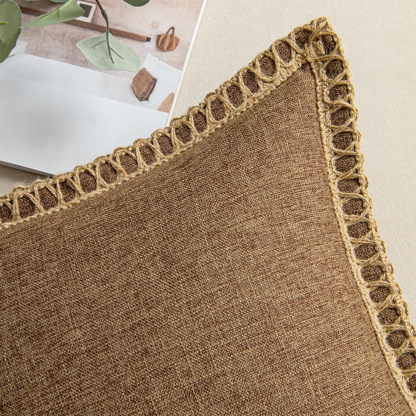 Pack of 2 Decorative Throw Pillow Covers Modern Farmhouse Outdoor Pillow Covers Neutral Linen Burlap Pillowcases Cushions for Couch Bed Living Room Sofa, Coffee 18 X 18 Inches 45 X 45 Cm