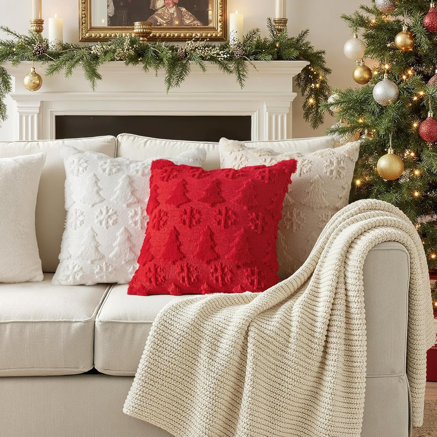 Christmas Throw Pillow Covers 18X18 Set of 2 Christmas Decorations Red Soft Plush Faux Fur Wool Xmas Tree Snowflakes Pillowcases Holiday Festivals Winter Home Decor Sofa Couch Bed Porch