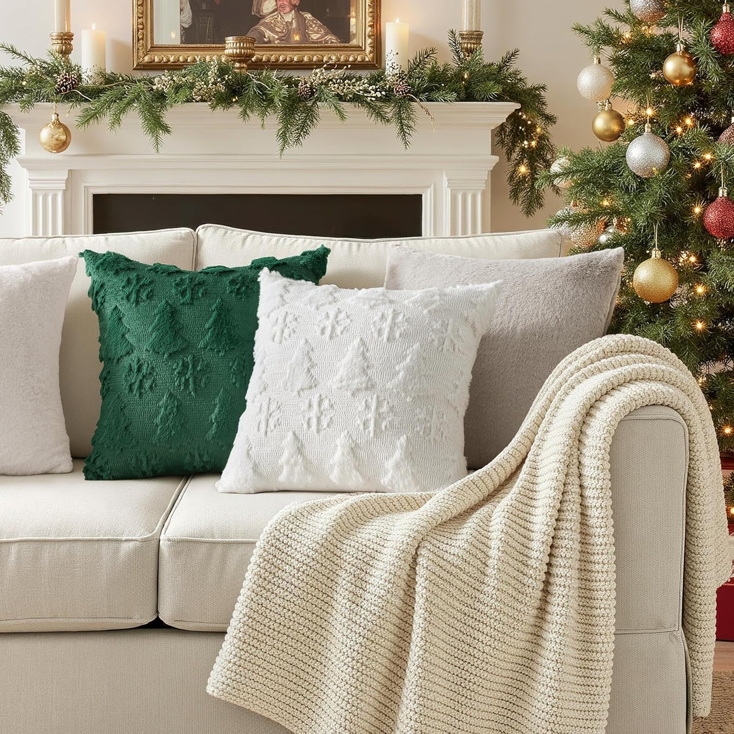Christmas Throw Pillow Covers 18X18 Set of 2 Christmas Decorations Pure White Soft Plush Faux Fur Wool Xmas Tree Snowflakes Pillowcases Holiday Festivals Winter Home Decor Sofa Couch Bed Porch