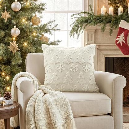 Christmas Throw Pillow Covers 18X18 Set of 2 Christmas Decorations Cream White Soft Plush Faux Fur Wool Xmas Tree Snowflakes Pillowcases Holiday Festivals Winter Home Decor Sofa Couch Bed Porch