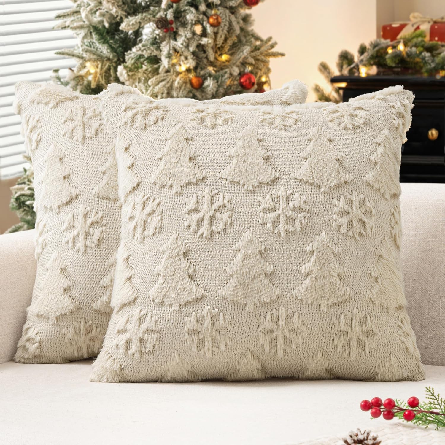Christmas Throw Pillow Covers 18X18 Set of 2 Christmas Decorations Beige Soft Plush Faux Fur Wool Xmas Tree Snowflakes Pillowcases Holiday Festivals Winter Home Decor Sofa Couch Bed Porch