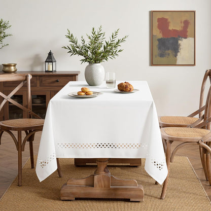 White Rectangle Linen Tablecloth with Decorative Cutouts Waterproof Stain Resistant & Shrink-Proof Table Cloth 52X70 Inch Farmhouse Style for Dining Wedding Party and Outdoor Picnics