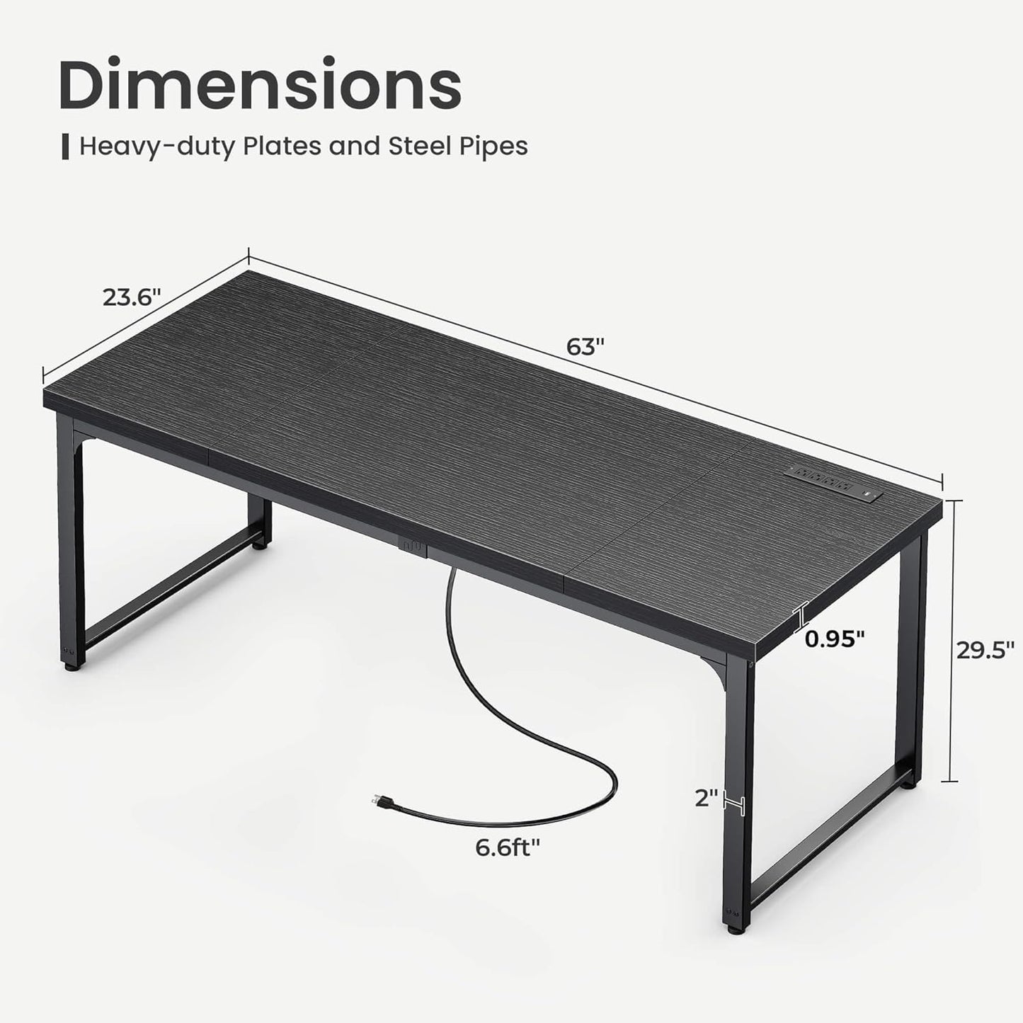 63 x 24 Inch Heavy-Duty Computer Desk with Power Outlets & USB-C, Enhanced Desktop Thickness, Sturdy Metal Frame, Ideal for Home Office and Gaming, Black