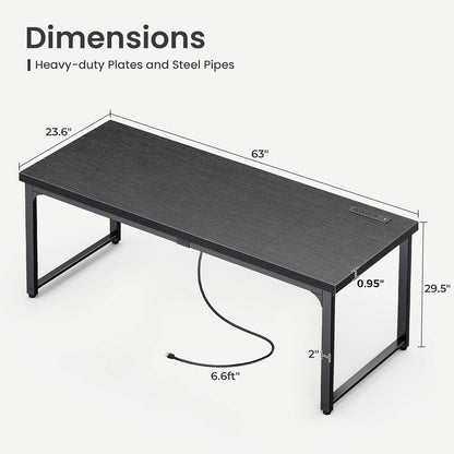 63 x 24 Inch Heavy-Duty Computer Desk with Power Outlets & USB-C, Enhanced Desktop Thickness, Sturdy Metal Frame, Ideal for Home Office and Gaming, Black