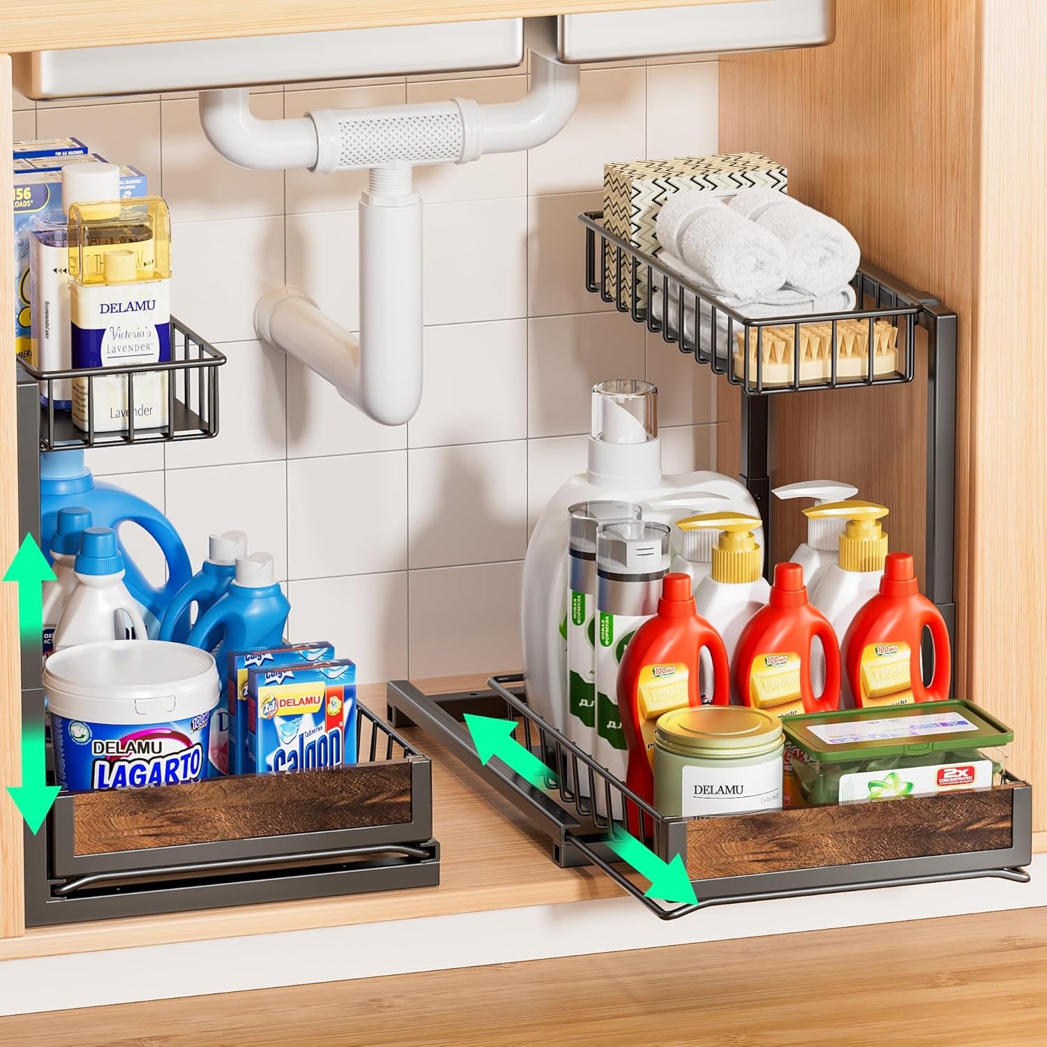 2 Pack under Sink Organizer and Storage, Height Adjustable under Kitchen Sink Organizer, 2 Tier Pull Out under Cabinet Organizer, Black under Counter Storage for Kitchen Bathroom