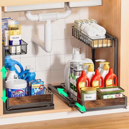 2 Pack under Sink Organizer and Storage, Height Adjustable under Kitchen Sink Organizer, 2 Tier Pull Out under Cabinet Organizer, Black under Counter Storage for Kitchen Bathroom