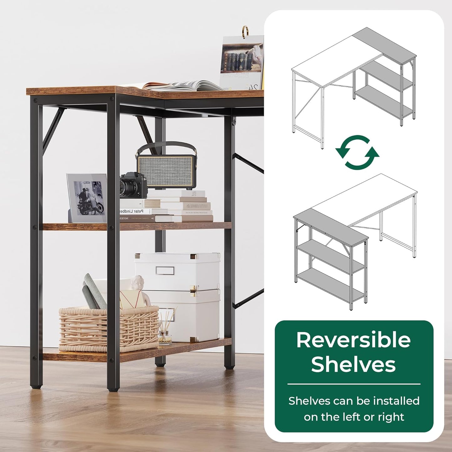 47-Inch L-Shaped Computer Desk with Reversible Storage Shelves for Home Office, Gaming, and Study, Metal Frame in Rustic Brown Finish