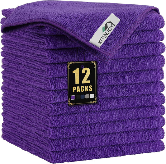 12 Pack Microfiber Cleaning Cloth(12 X 12 Inches, Purple), Ultra Soft and Absorbent Cleaning Rags, Reusable and Non-Linting Dust Removal Cleaning Cloths for Car, House, Kitchen