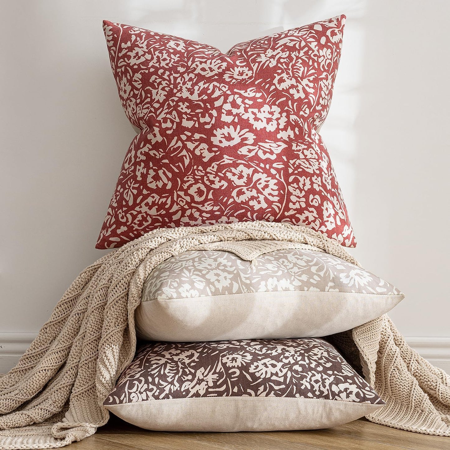 Floral Pillow Covers 18X18 Set of 2, Neutral Linen Decorative Throw Pillow Covers for Sofa Couch Outdoor Living Room, Farmhouse Cushion Covers, Red