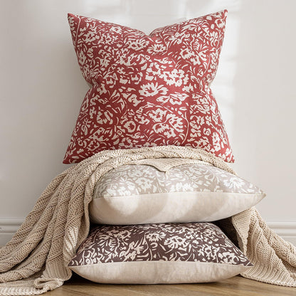 Floral Pillow Covers 18X18 Set of 2, Neutral Linen Decorative Throw Pillow Covers for Sofa Couch Outdoor Living Room, Farmhouse Cushion Covers, Red