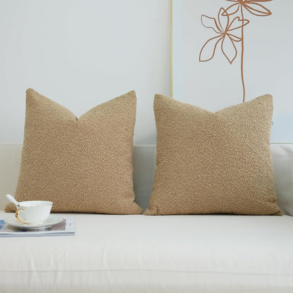 Pack of 2 Textured Boucle Throw Pillow Covers Accent Solid Pillowcovers Home Decor 20 X 20 Inch Light Brown