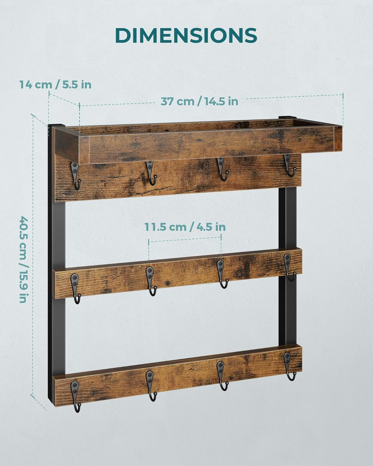 Coffee Mug Rack Wall Mounted, Rustic Wood Cups Rack with 12 Hooks and Storage Shelf, for Home Kitchen Display and Collection (Rustic Brown)