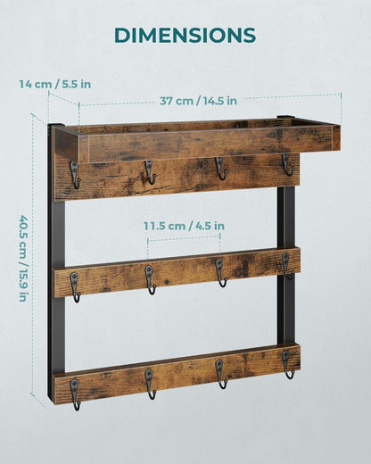 Coffee Mug Rack Wall Mounted, Rustic Wood Cups Rack with 12 Hooks and Storage Shelf, for Home Kitchen Display and Collection (Rustic Brown)