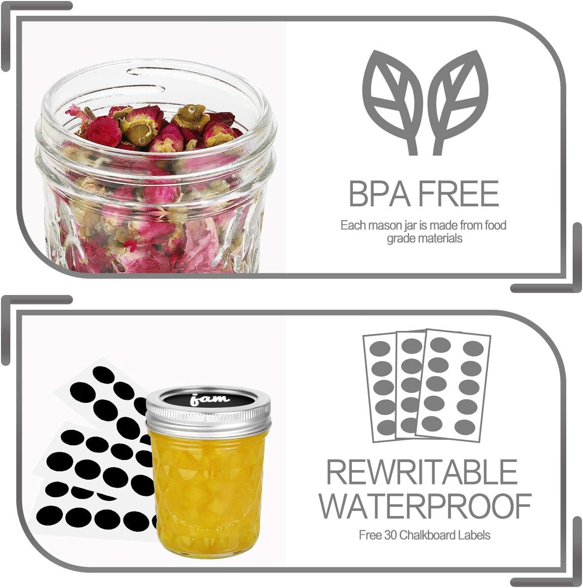 6 Oz Mason Jars - 30 Pack Canning and Jelly Jars with Lids, Perfect for Jam, Honey, Wedding and Shower Favors