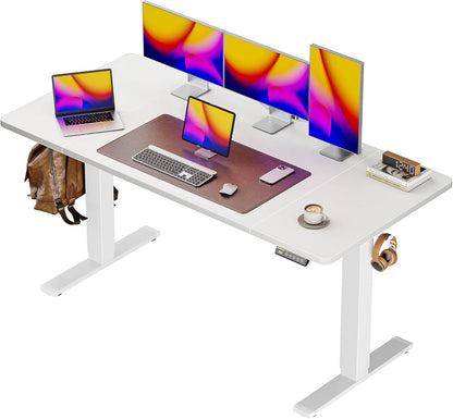 55" x 28" Large Electric Height Adjustable Standing Desk, 27.6" Deep Desktop, Ergonomic Gaming and Office Table with 2 Hooks and 3 Preset Heights, Ideal for Home Office, White