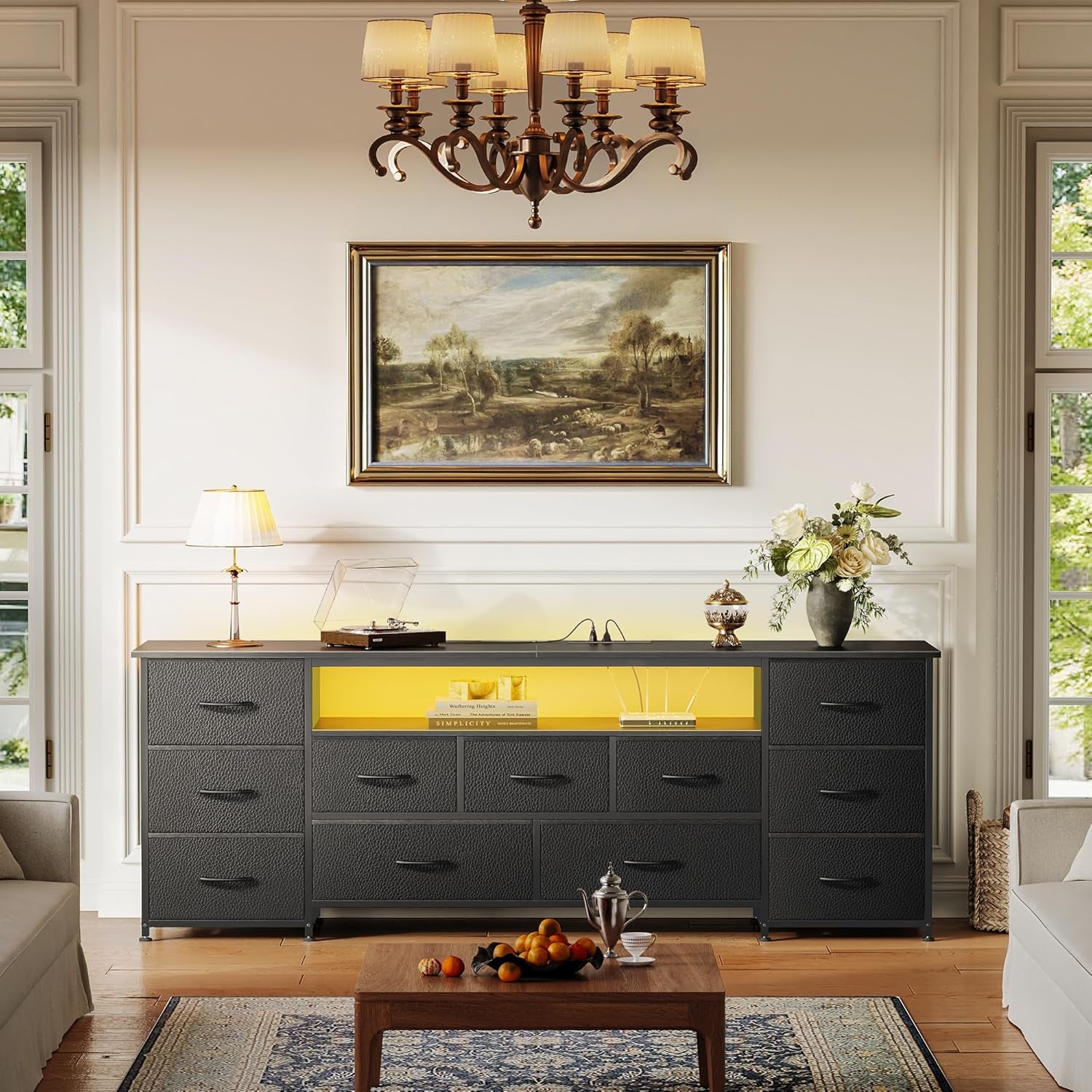 63-Inch TV Stand for 65-70 Inch TVs, 11-Drawer Long Dresser with Power Outlets and LED Lighting, Black Entertainment Center with Storage and PU Leather Surface