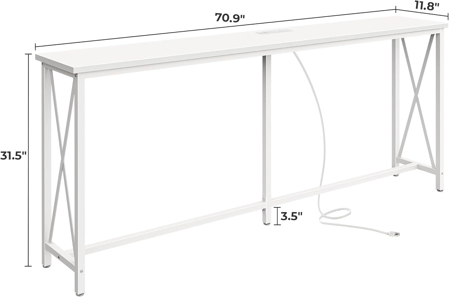 70-Inch Console Table with Outlets and USB-C Port, Extra Long X-Shaped Design for Entryway or Living Room, Narrow Metal Frame with Wooden Top in White