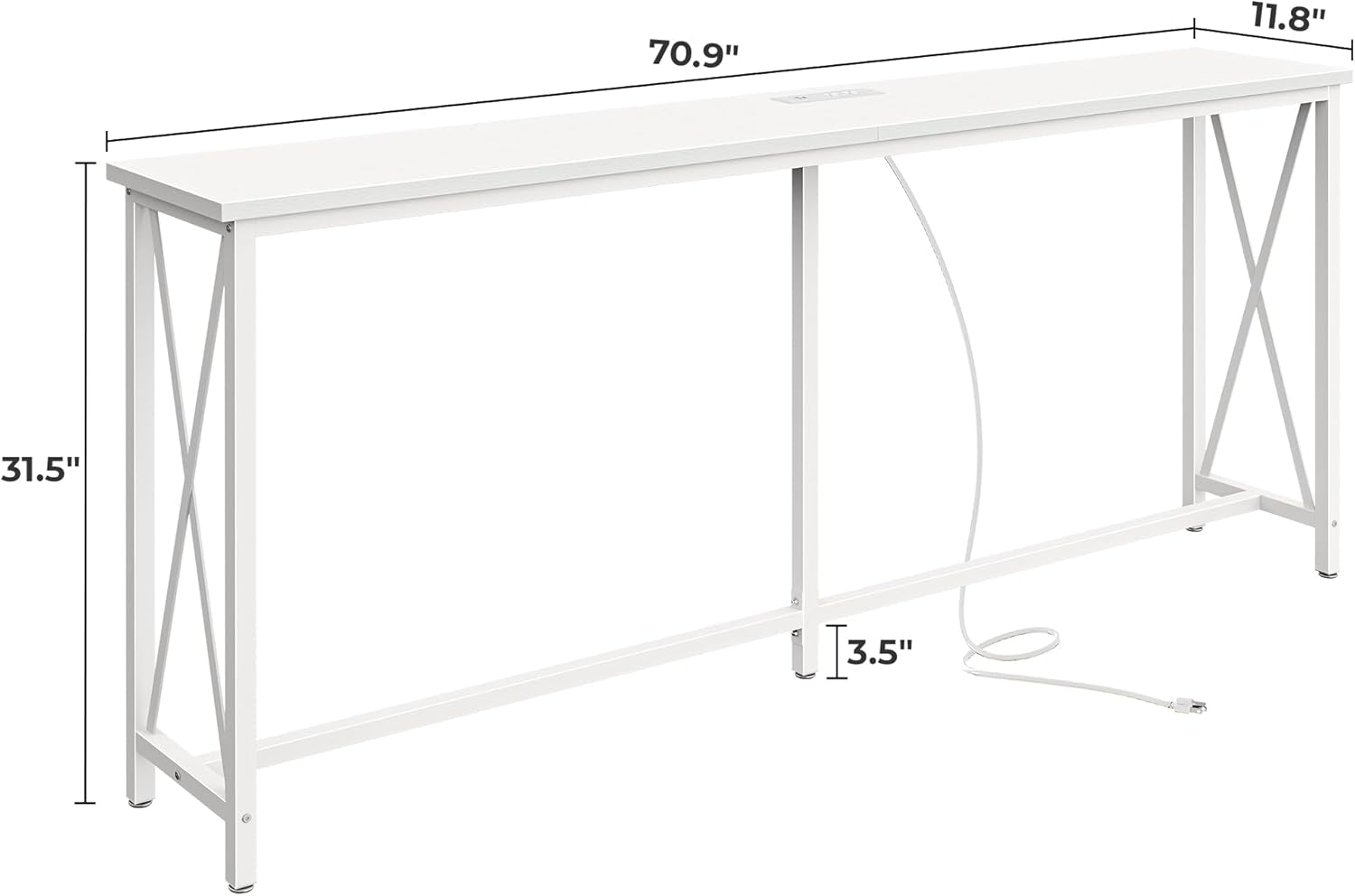 70-Inch Console Table with Outlets and USB-C Port, Extra Long X-Shaped Design for Entryway or Living Room, Narrow Metal Frame with Wooden Top in White