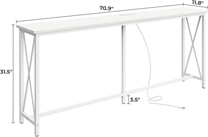 70-Inch Console Table with Outlets and USB-C Port, Extra Long X-Shaped Design for Entryway or Living Room, Narrow Metal Frame with Wooden Top in White