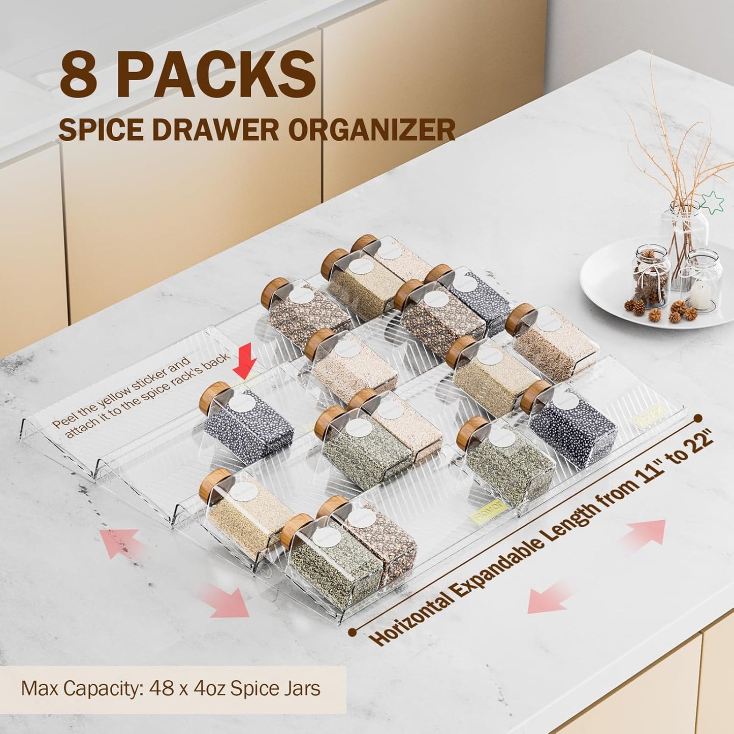 Spice Drawer Organizer, 8 Pack Clear Seasoning Organizer Rack, Kitchen Spice Rack Organizers for Drawer/Countertop (Jars Not Included, Expandable from 11" to 22" Wide)