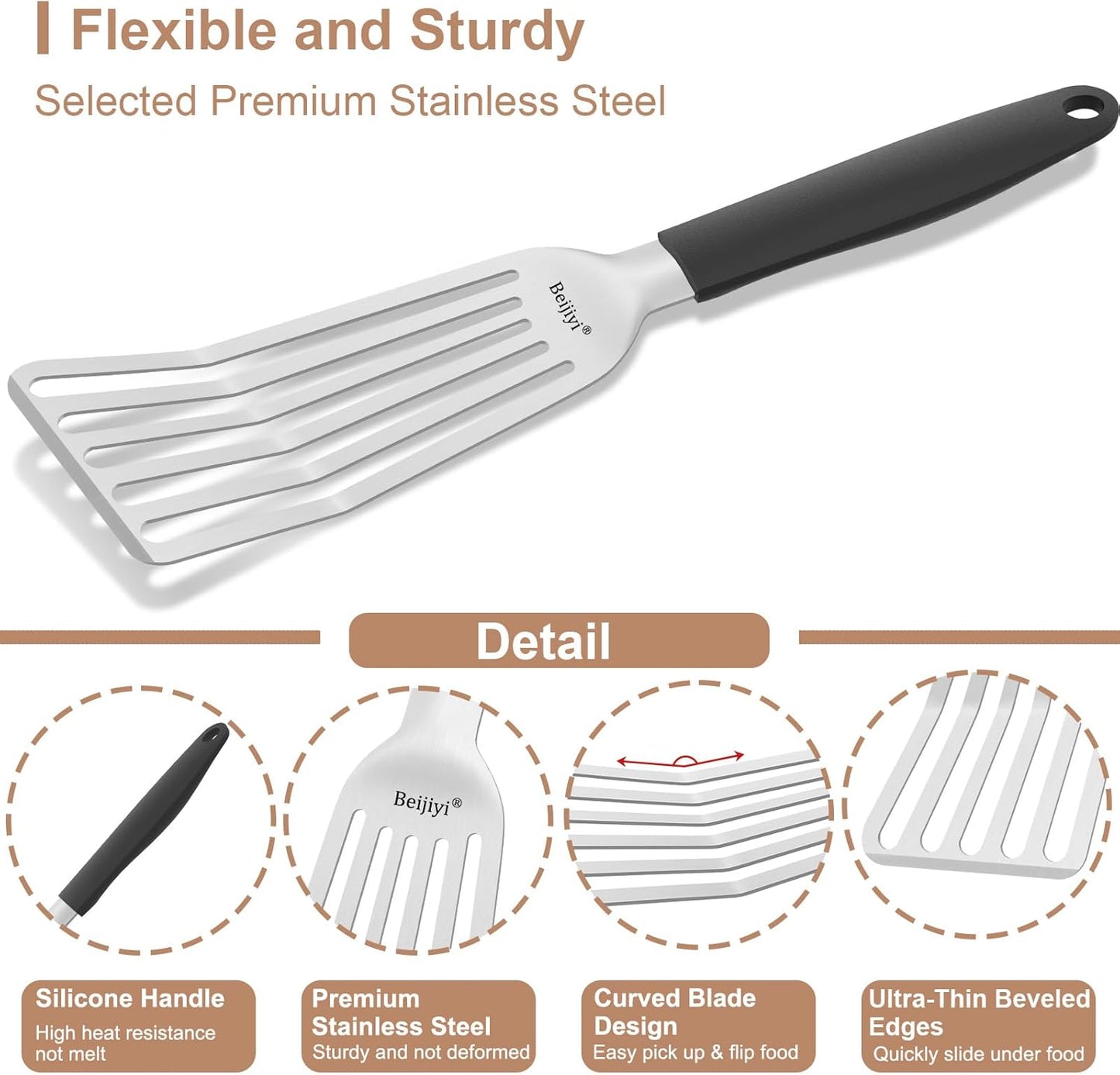 Stainless Steel Fish Spatula, 11.7" Small Metal Spatula for Cast Iron Skillet, Slotted Turner with Silicone Handle, Kitchen Cooking Flipper for Fish, Egg and Burger