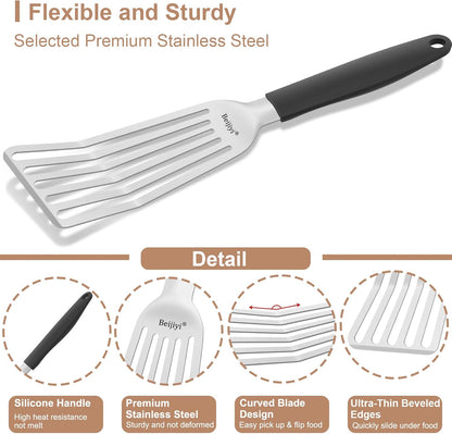 Stainless Steel Fish Spatula, 11.7" Small Metal Spatula for Cast Iron Skillet, Slotted Turner with Silicone Handle, Kitchen Cooking Flipper for Fish, Egg and Burger