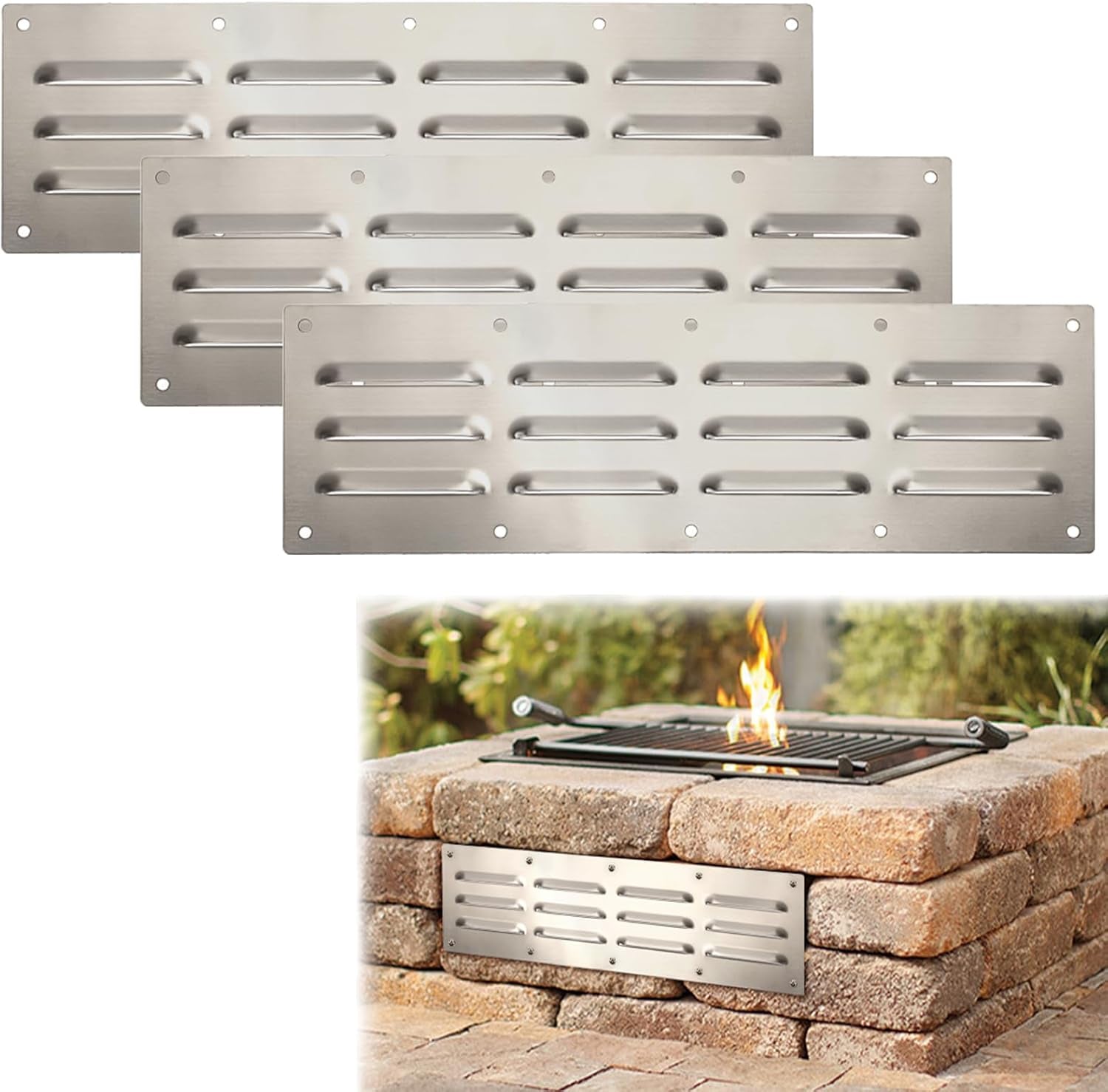 Stainless Steel Venting Panel Set for Grills - Rectangle Vent Covers for Masonry Fire Pits and Outdoor Kitchens, 15 x 4.5 Inches (3 Pack)