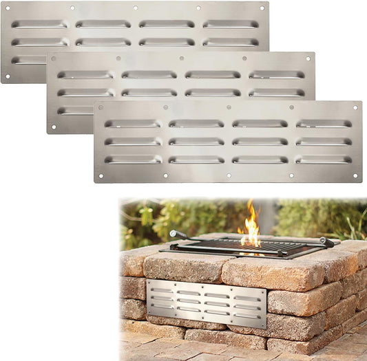 Stainless Steel Venting Panel Set for Grills - Rectangle Vent Covers for Masonry Fire Pits and Outdoor Kitchens, 15 x 4.5 Inches (3 Pack)