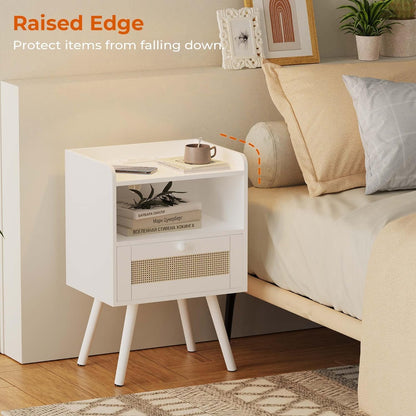 Elegant Nightstand with Integrated Charging Station and Rattan-Inspired Drawer, Solid Wood Leg End Table with Open Storage for Bedroom, Living Room, and Dormitory - White