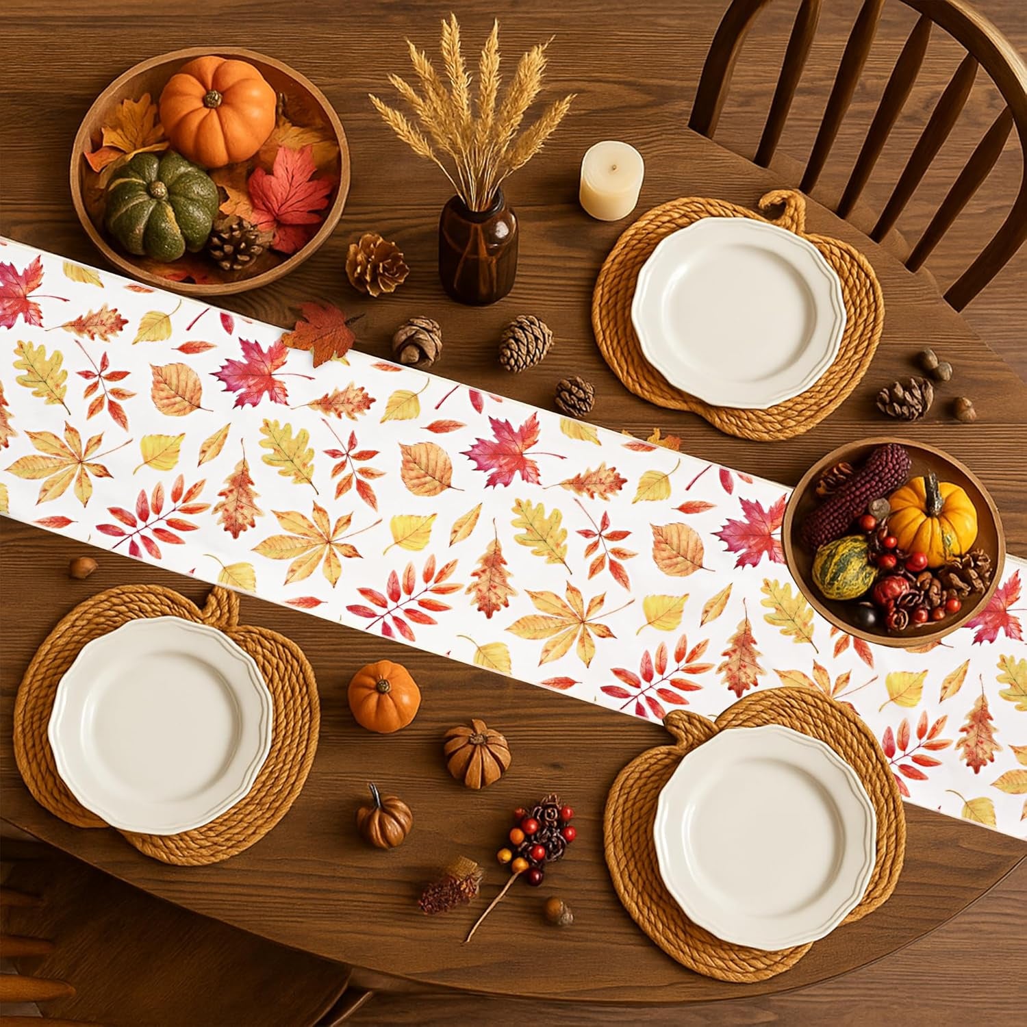 Fall Table Runner for Kitchen Dining Table, Thanksgiving Autumn Printed Harvest Pumpkins Maple Leaves Textured Fabric Halloween Holiday Home Decorations, Water-Proof, Washable, 13" W X 36" L
