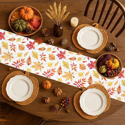 Fall Table Runner for Kitchen Dining Table, Thanksgiving Autumn Printed Harvest Pumpkins Maple Leaves Textured Fabric Halloween Holiday Home Decorations, Water-Proof, Washable, 13" W X 36" L