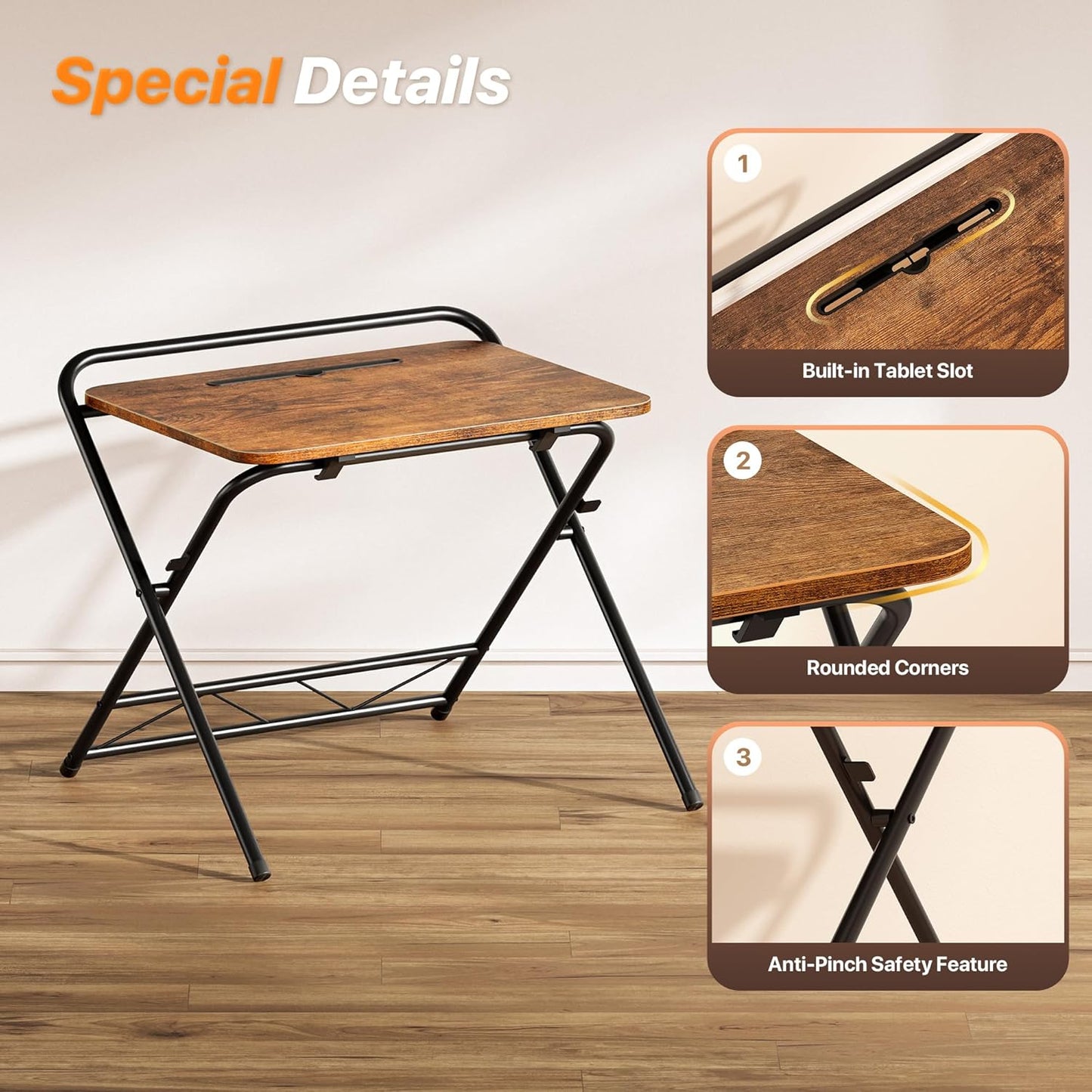 Folding Desk with Adjustable Height and Tablet Slot, 24-Inch Space-Saving Computer Desk for Home Office, Bedroom, and Study in Rustic Brown