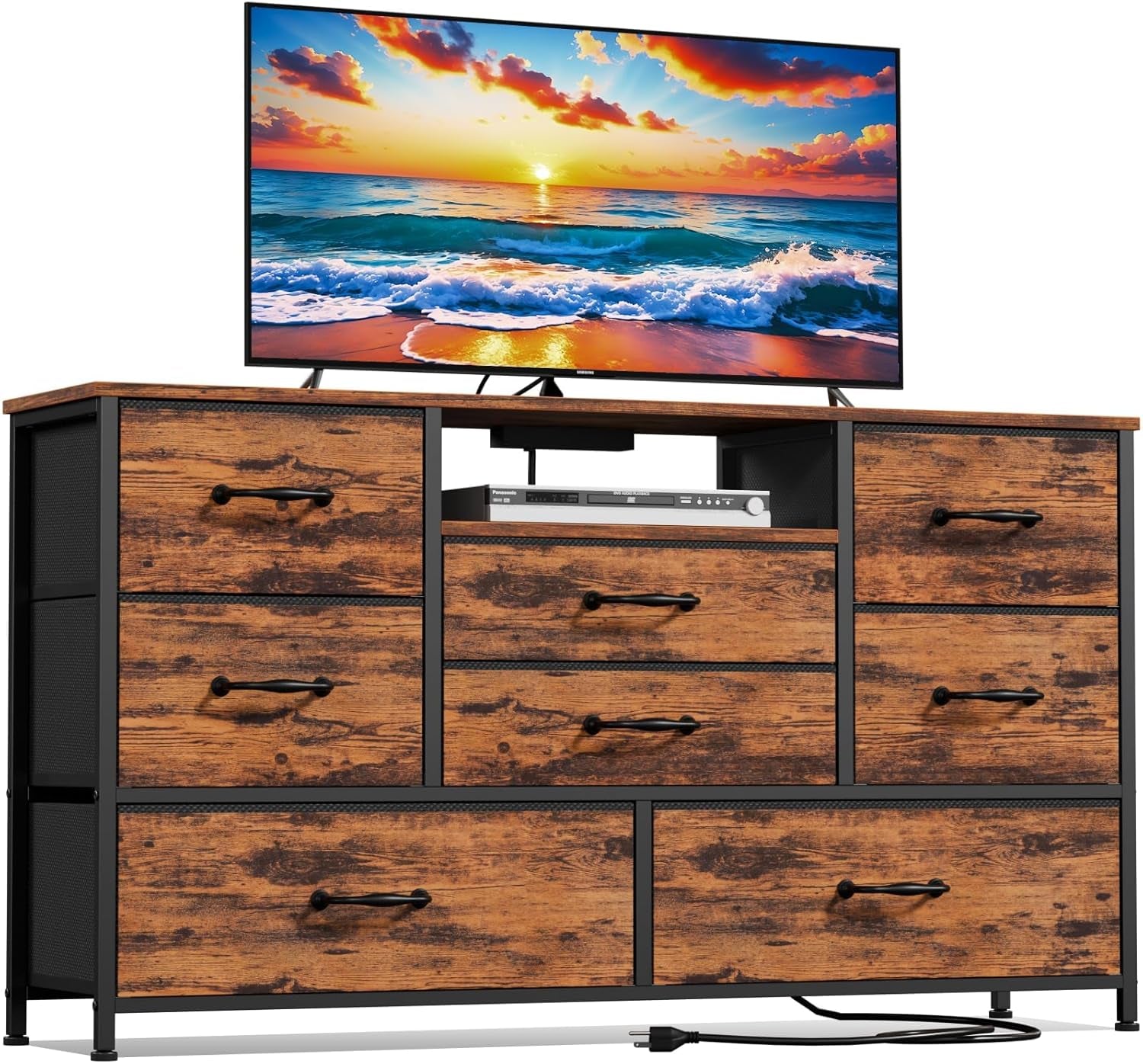 Rustic Brown Bedroom Dresser and TV Stand with 8 Drawers, Power Outlets, and Wood Desk Top - Versatile Storage Solution for Closet and Living Room