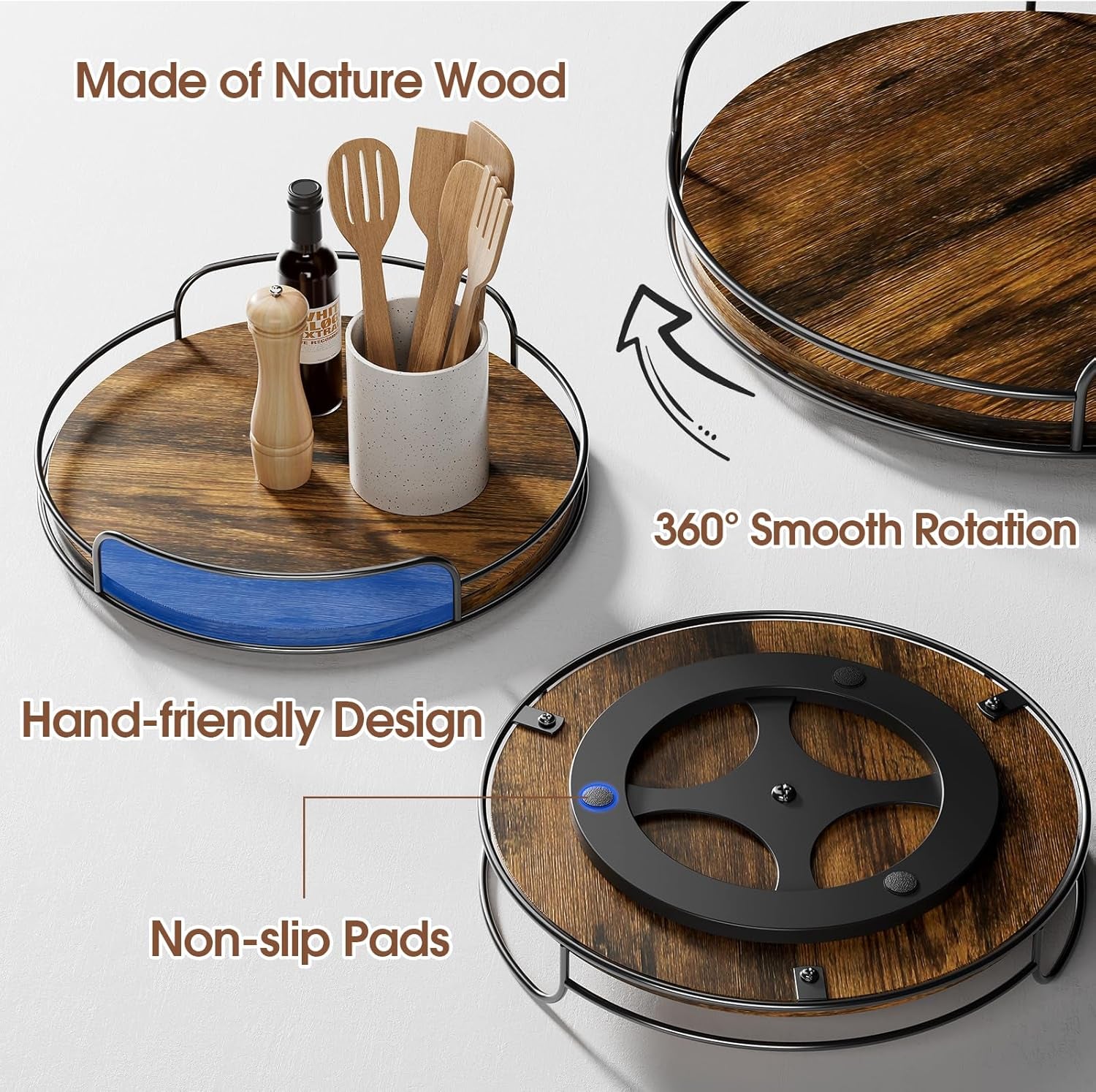 2 Pack 9'' 10'' Lazy Susan Turntable Organizer for Table Top Cabinet, Wooden Lazy Susan for Kitchen, Pantry, Countertop, Bathroom Vanity, Spice Organization, Wood Decor