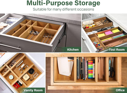 8 Pcs Bamboo Drawer Organizer Utensil Tray Kitchen Storage Box 4-Size Versatile Dividers Cutlery Holders Bins Containers for Flatware Kitchen Utensils