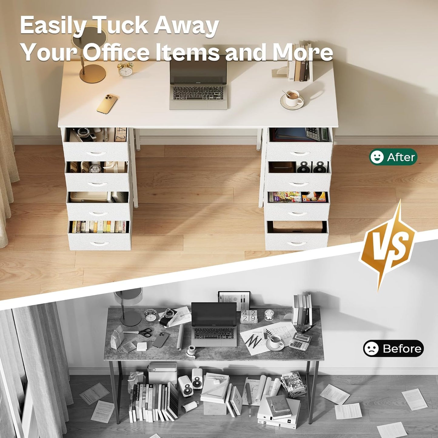 47-Inch White Vanity Desk with 8 Fabric Drawers - Spacious Computer Desk for Home Office and Bedroom Storage