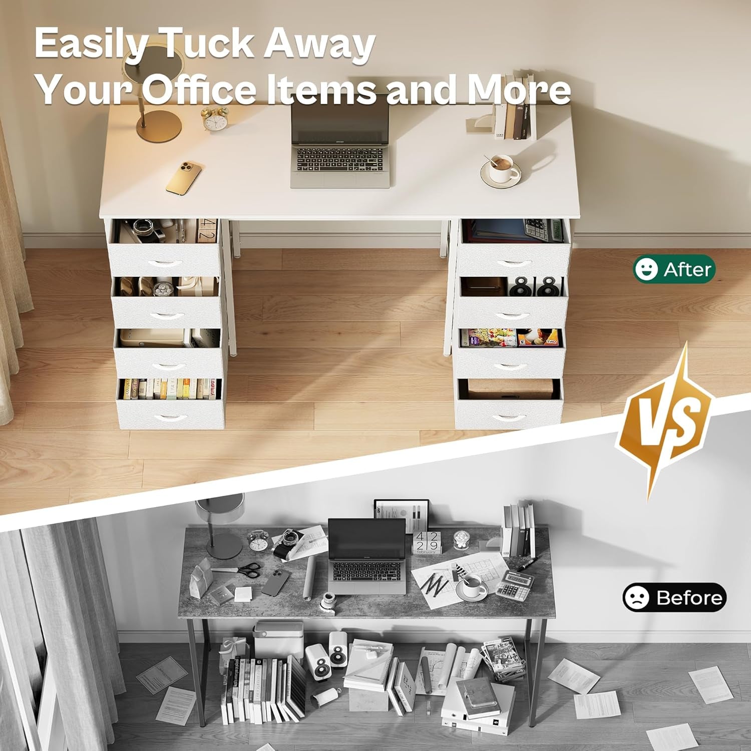 47-Inch White Vanity Desk with 8 Fabric Drawers - Spacious Computer Desk for Home Office and Bedroom Storage