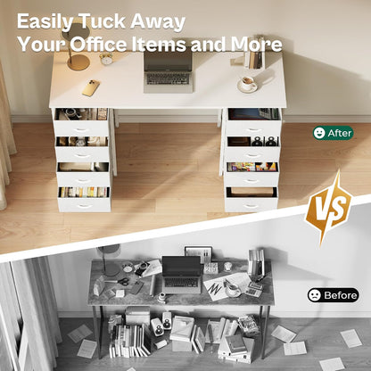 47-Inch White Vanity Desk with 8 Fabric Drawers - Spacious Computer Desk for Home Office and Bedroom Storage