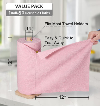 Microfiber Cleaning Cloth, Reusable Paper Towels Rolls, Dish Rags for Washing Dishes, Kitchen, Bathroom, Car, 12X12 Inch, 50 Packs/Roll, Pink