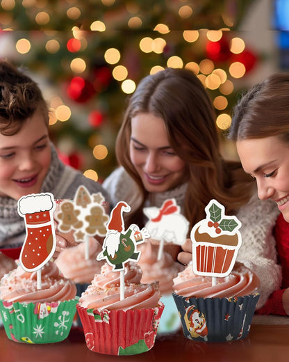 400 Pcs Christmas Cupcake Liners with 12 Pcs Cupcake Toppers, Mini Cupcake Liners, Mini Muffin Liners for Xmas Party, Baby Shower, Christmas Holiday, Birthday Party
